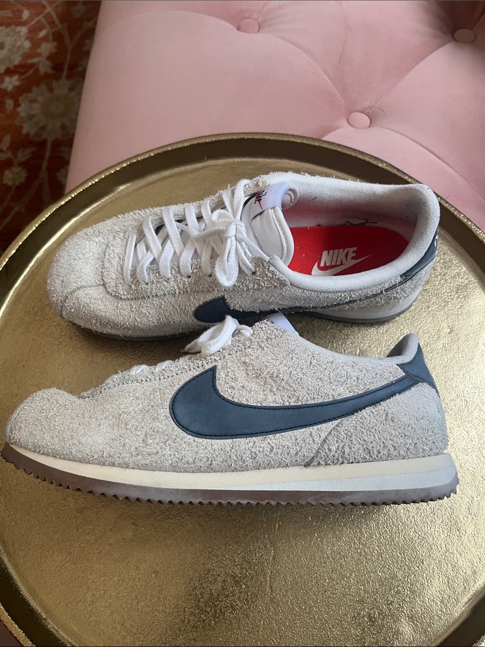 Nike Women’s Cream Suede Sneakers with Dark Blue Swoosh